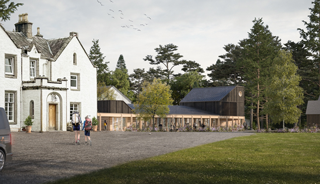 Architects image of white main house on left and new building extension to the right